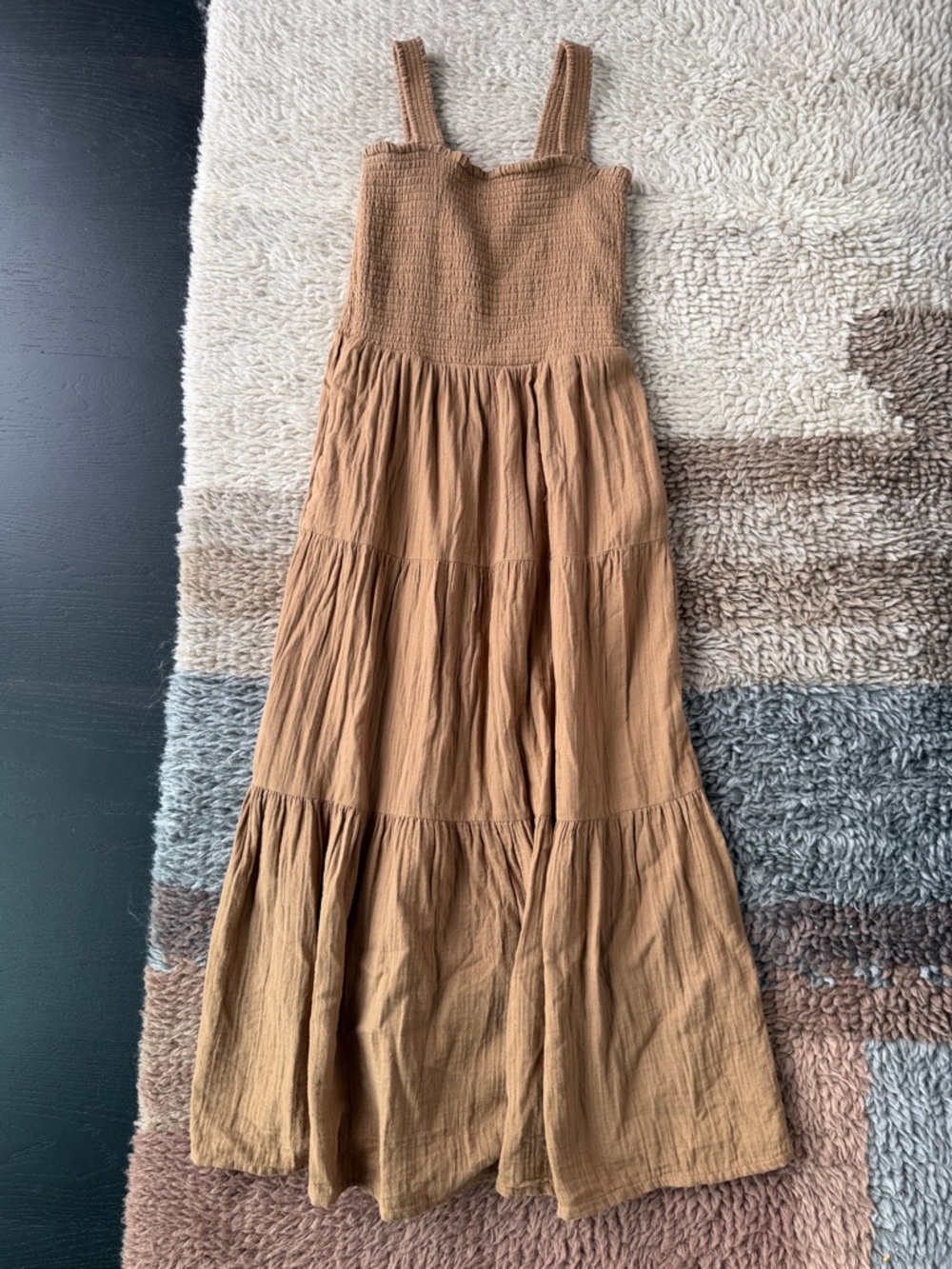 Quince Sleeveless Smocked Maxi Dress in Brown/Tan
